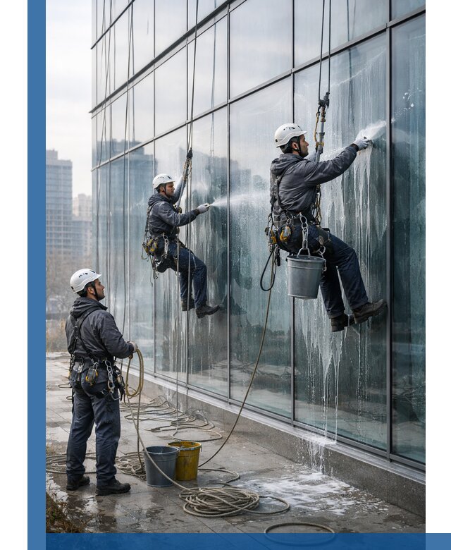 Промышленная мойка панорамных окон на высоте в Сосновом Боре