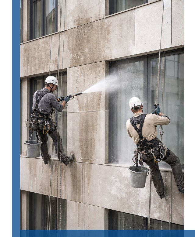 Послестроительная мойка фасада промышленным альпинизмом в Сосновом Боре