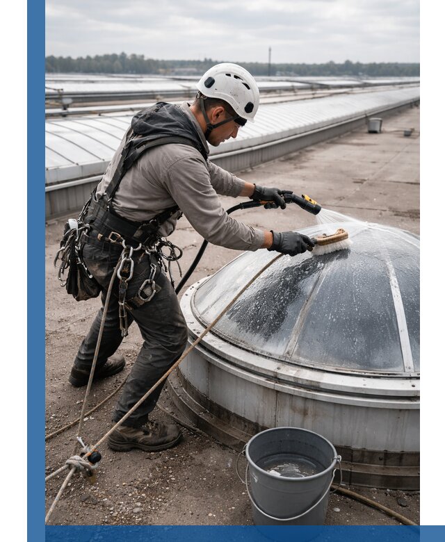 Мойка зенитных фонарей на кровле для промышленных объектов в Сосновом Боре