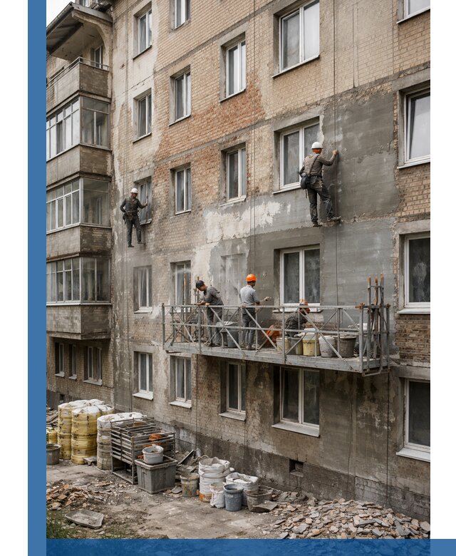 Капитальный ремонт фасада в Сосновом Боре с восстановлением и гидроизоляцией