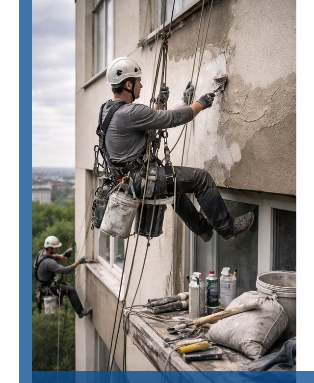Косметический ремонт фасада зданий в Сосновом Боре промышленными альпинистами