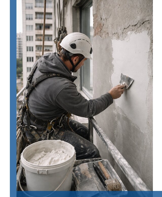 Шпаклевка фасадов на высоте с промальпинистами в Сосновом Боре