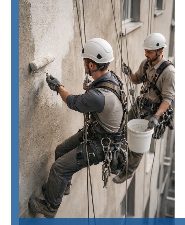 Грунтовка фасада на высоте в Сосновом Боре промышленными альпинистами