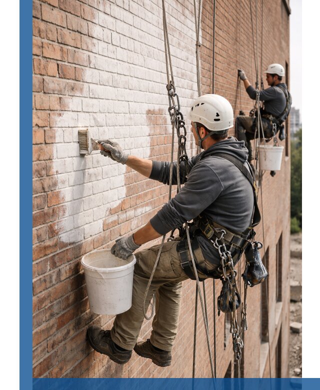 Покраска кирпичного фасада с доступным альпинистским сервисом в Сосновом Боре