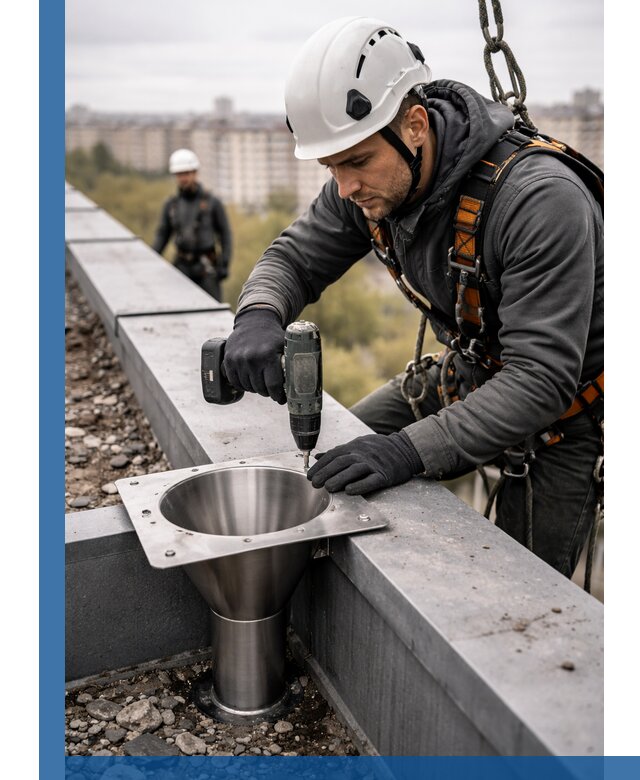 Монтаж водосточных воронок в Сосновом Боре для промышленных зданий