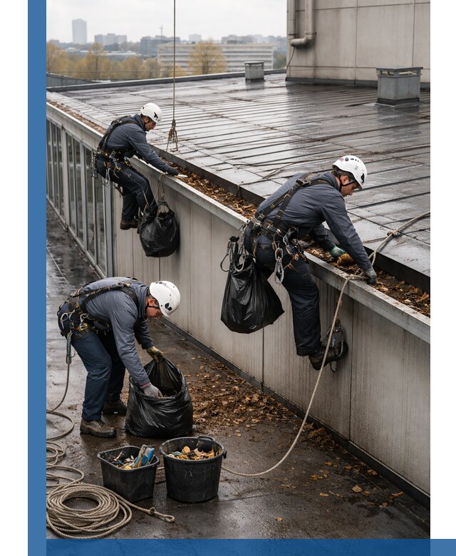 Очистка кровли по периметру в Сосновом Боре силами промышленных альпинистов
