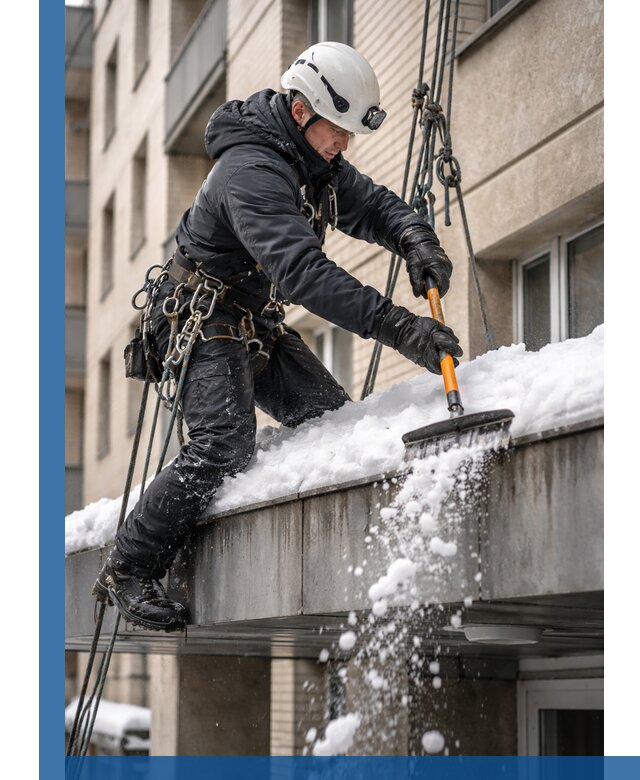 Очистка козырьков от снега в Сосновом Боре круглогодично безопасно