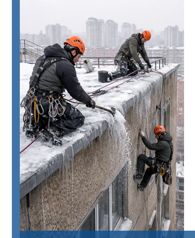 Удаление наледи с кровли в Сосновом Боре промышленными альпинистами