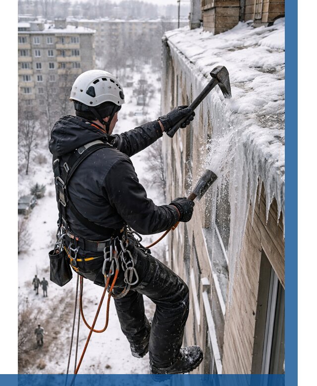 Сбивание сосулек с крыши в Сосновом Боре по цене от 4571 р. | ВЫСОТНИК-Снб