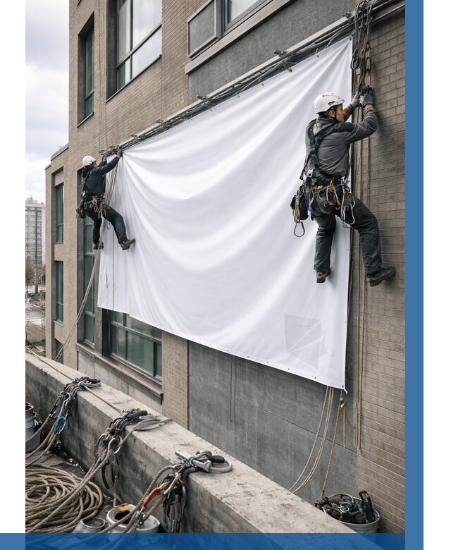 Монтаж баннеров на фасаде в Сосновом Боре от 660 р. заказать ВЫСОТНИК-Снб