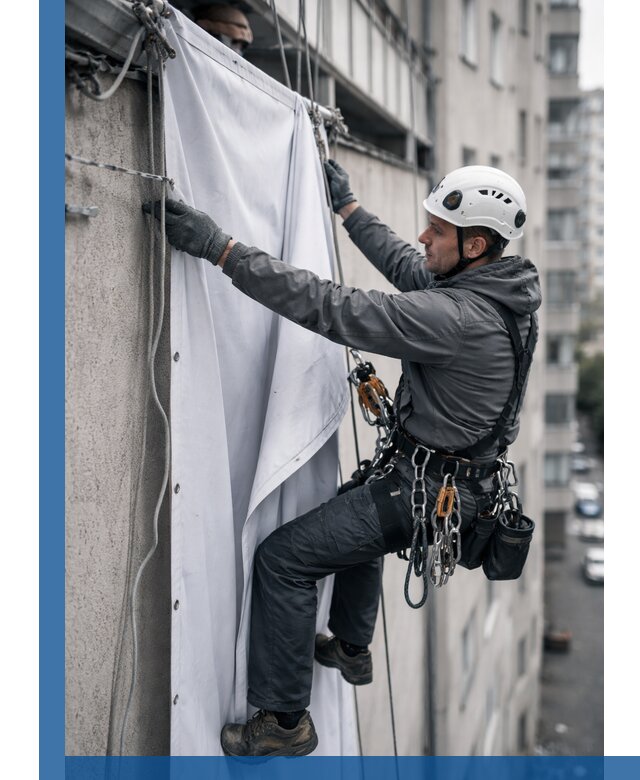 Замена баннерного полотна промышленными альпинистами в Сосновом Боре