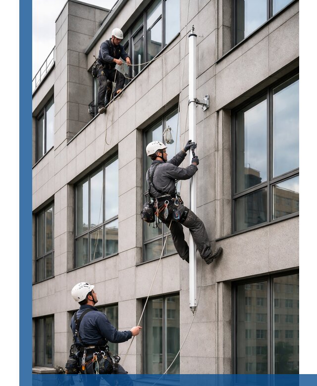 Монтаж флагштока на фасаде здания с креплением и герметикой в Сосновом Боре