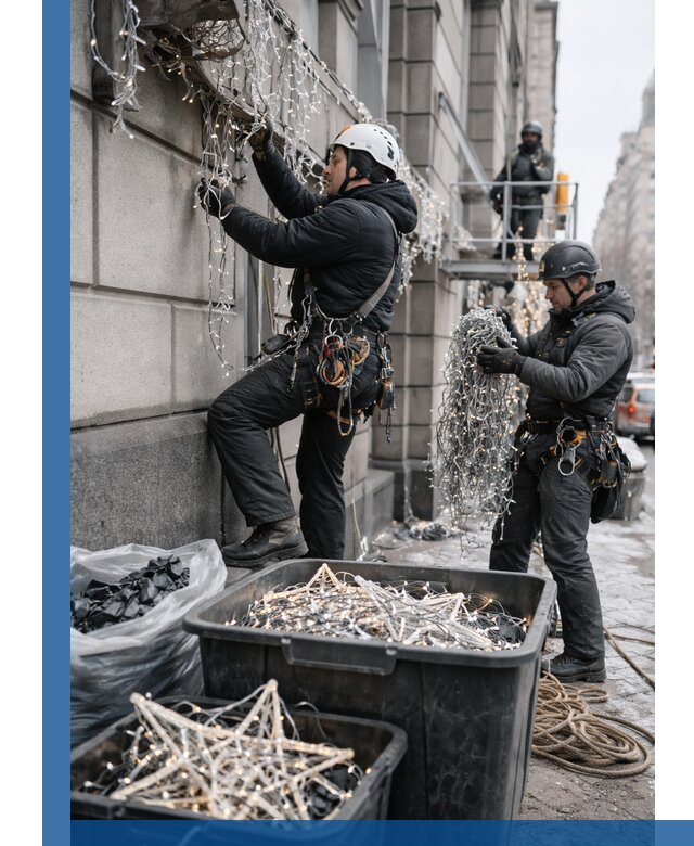 Демонтаж новогоднего оформления и гирлянд в Сосновом Боре