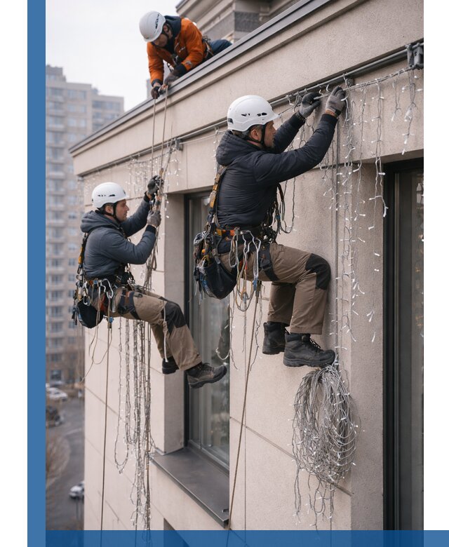 Монтаж праздничных гирлянд на фасаде в Сосновом Боре для зданий