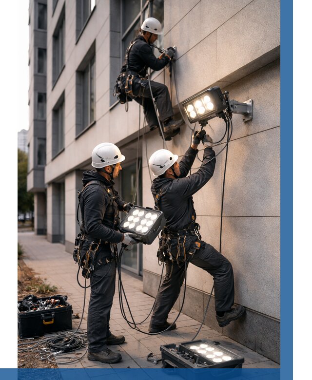 Монтаж прожекторов на фасаде в Сосновом Боре от 7619 р. | ВЫСОТНИК-Снб