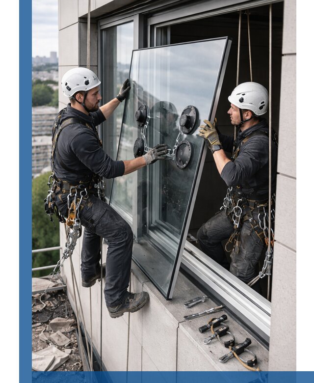 Замена стеклопакетов на высоте с промышленными альпинистами в Сосновом Боре