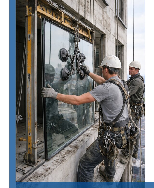 Монтаж стеклопакетов на высоте в Сосновом Боре с промышленным альпинизмом