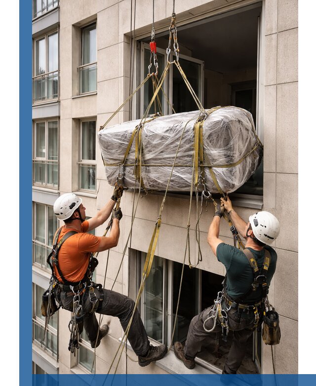 Подъем грузов через окно в Сосновом Боре промышленными альпинистами