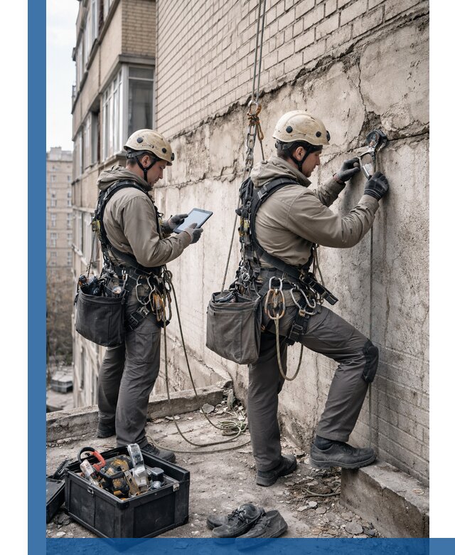 Обследование фасада промышленными альпинистами в Сосновом Боре